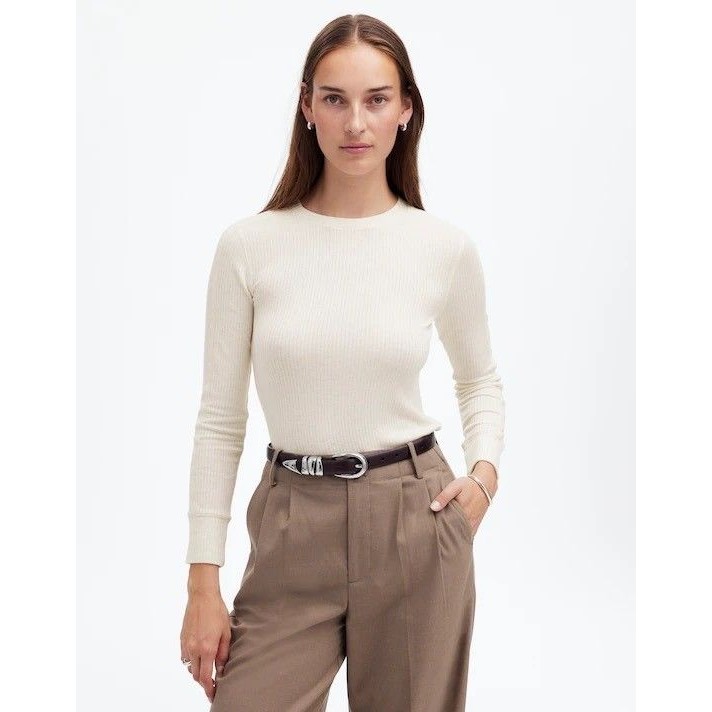 Madewell Ribbed Crewneck Long-Sleeve Tee M Heather Cream Viscose Blend Nwt B44